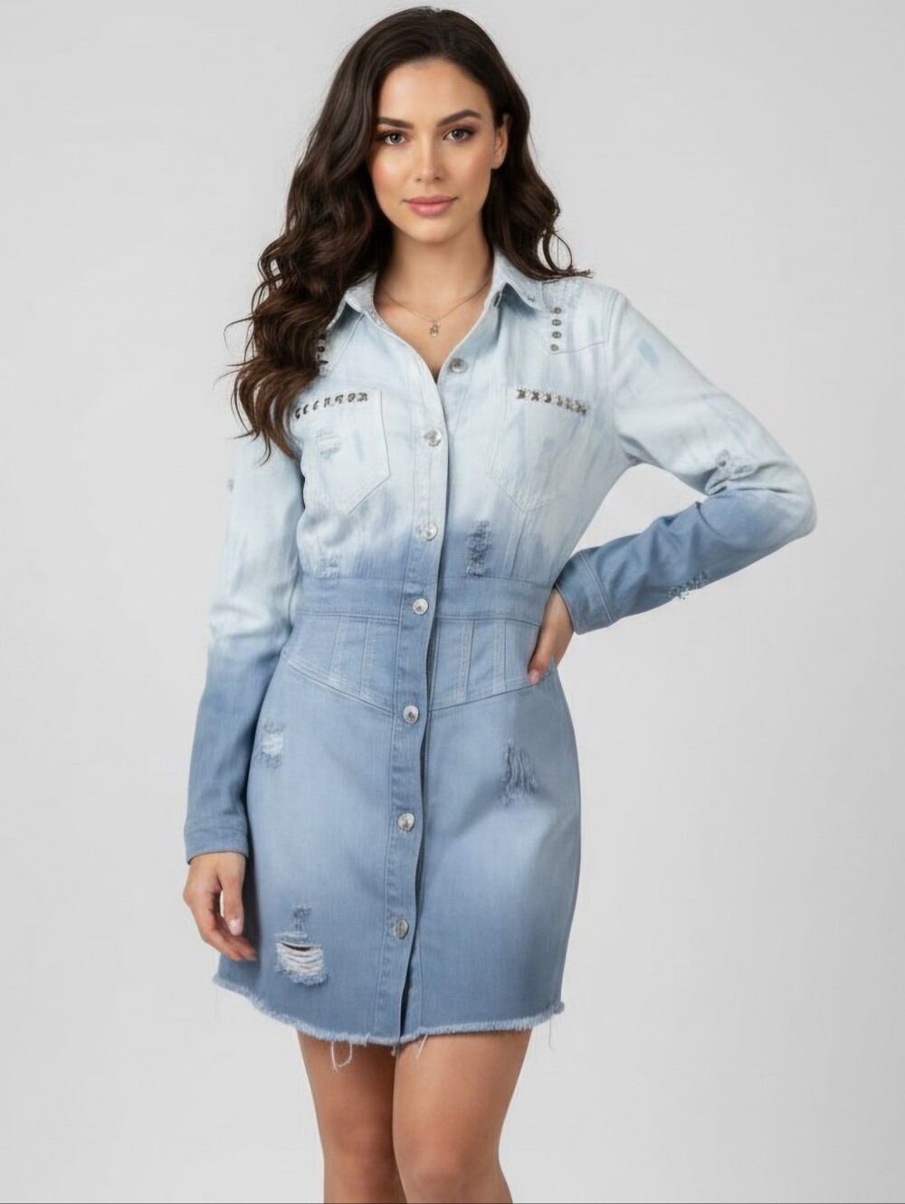 GUESS Ombre Distressed Denim Studded Mini Dress Size Large